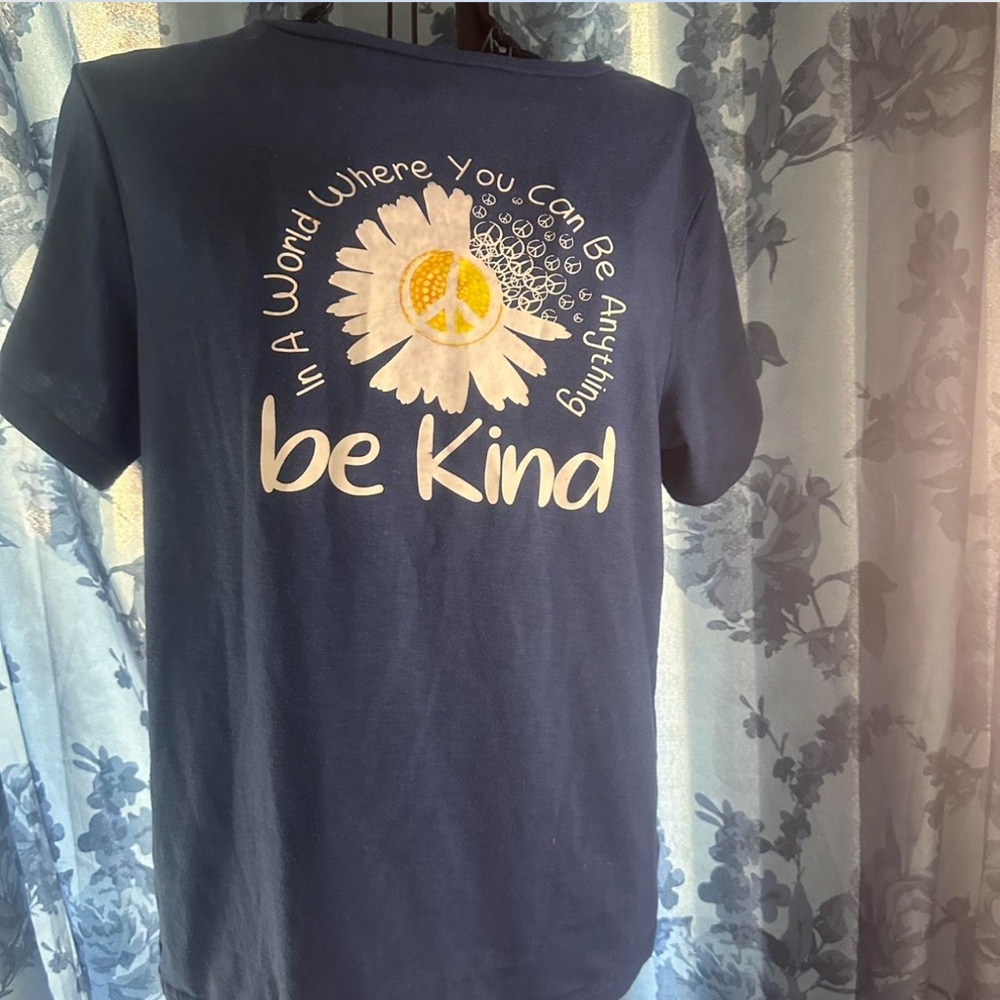Blue Be kind positive T-shirt with sunflowers and peace signs